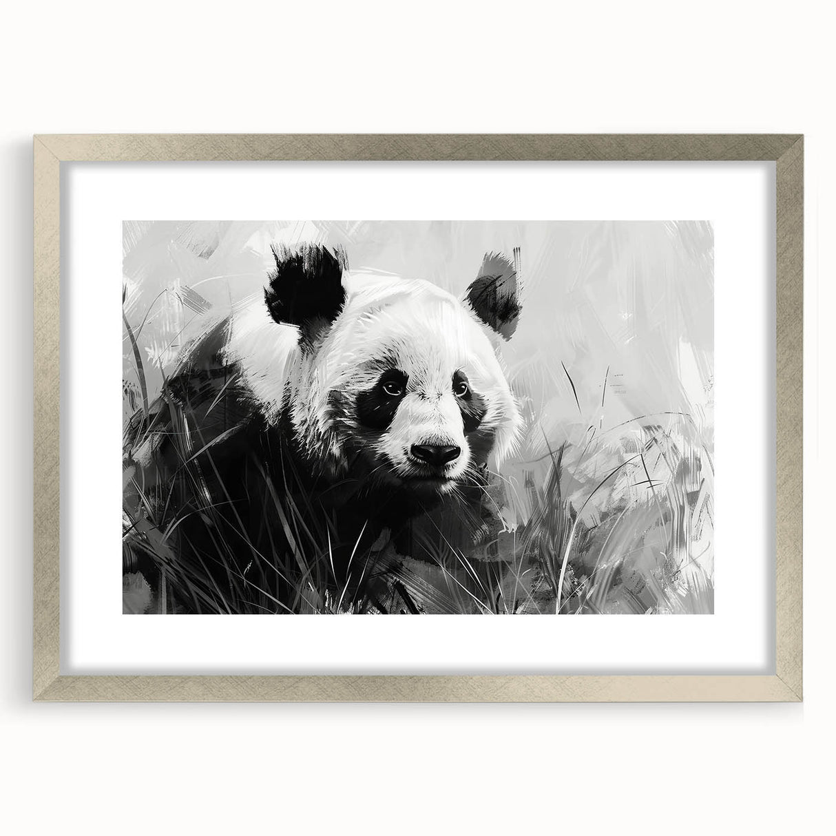Framed wall art featuring a playful panda bear design set in a sleek silver frame with a mat, ideal for children's rooms or playful decor themes.