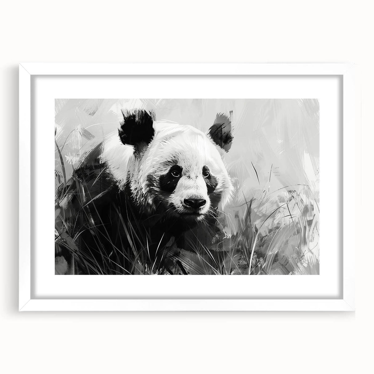 Framed wall art featuring a cute panda bear design in a white mat and frame, ideal for nursery decor or children's rooms, showcasing a playful and whimsical aesthetic.
