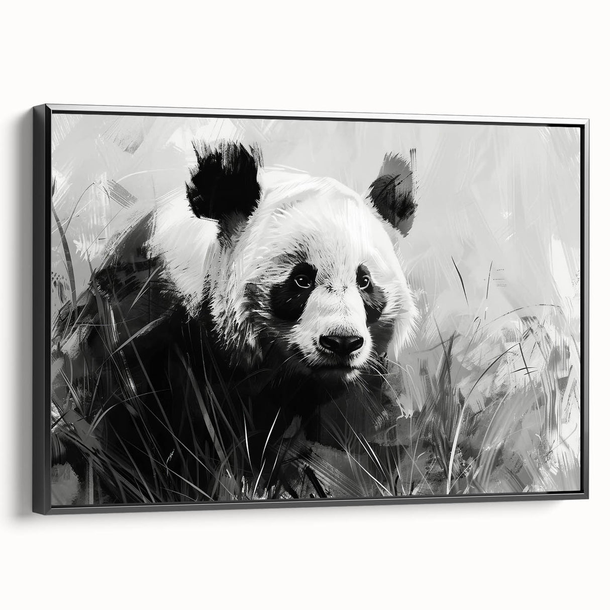 Framed wall art featuring a panda bear design on a black canvas, showcasing vibrant colors and intricate details, perfect for children's room decor.