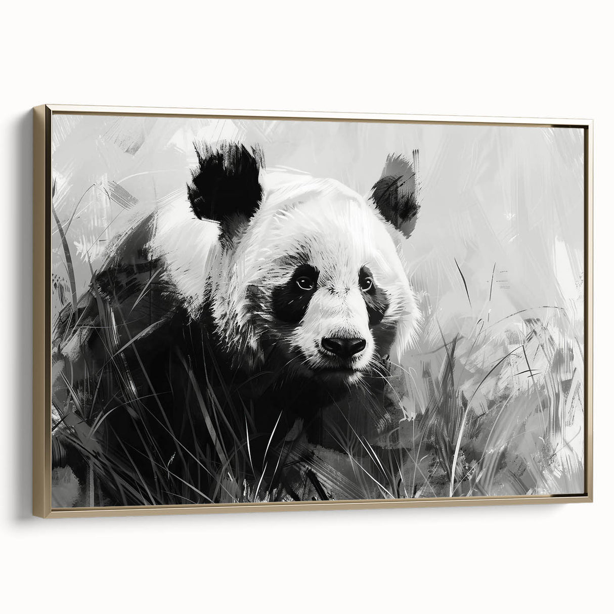 Framed wall art featuring a panda bear design on a gold background, showcasing a modern and playful aesthetic, ideal for children's room decor or animal lovers.