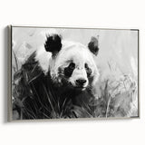 Framed wall art featuring a stylized panda bear design on a canvas with a silver frame, showcasing intricate details and vibrant colors, ideal for modern decor.