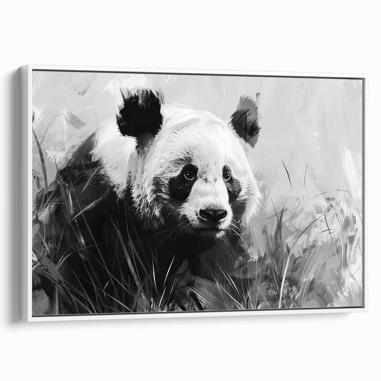 Framed wall art featuring a whimsical panda bear design on canvas, showcasing vibrant colors against a white background, ideal for children's decor or playful spaces.