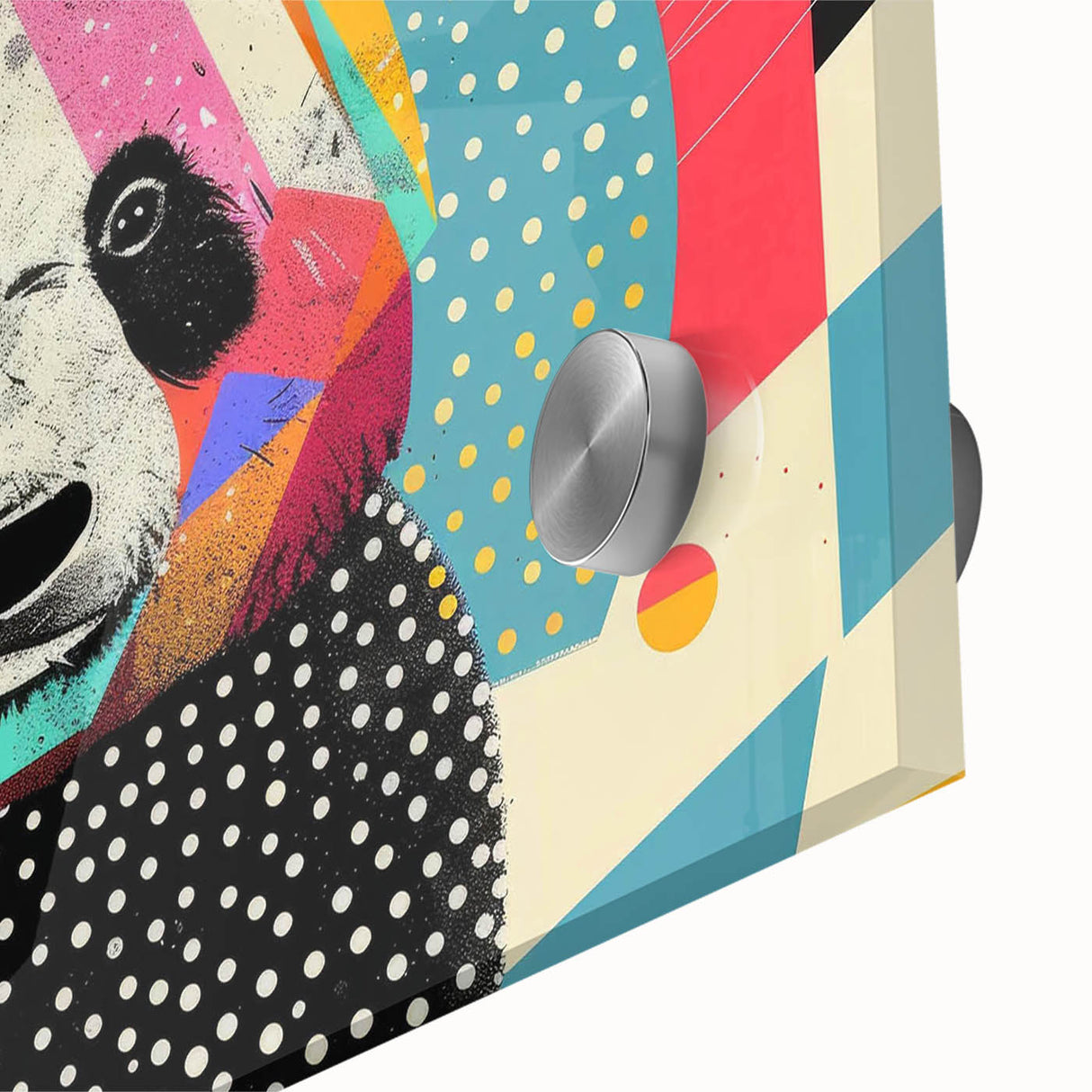 Close-up of a panda bear wall art design printed on acrylic glass, showcasing vibrant colors and intricate details, perfect for enhancing modern decor.