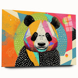 Acrylic glass wall art showcasing a whimsical panda bear design in vibrant colors, displayed from a side view, highlighting its sleek edges and modern aesthetic. Perfect for playful home decor in children's rooms or nurseries.