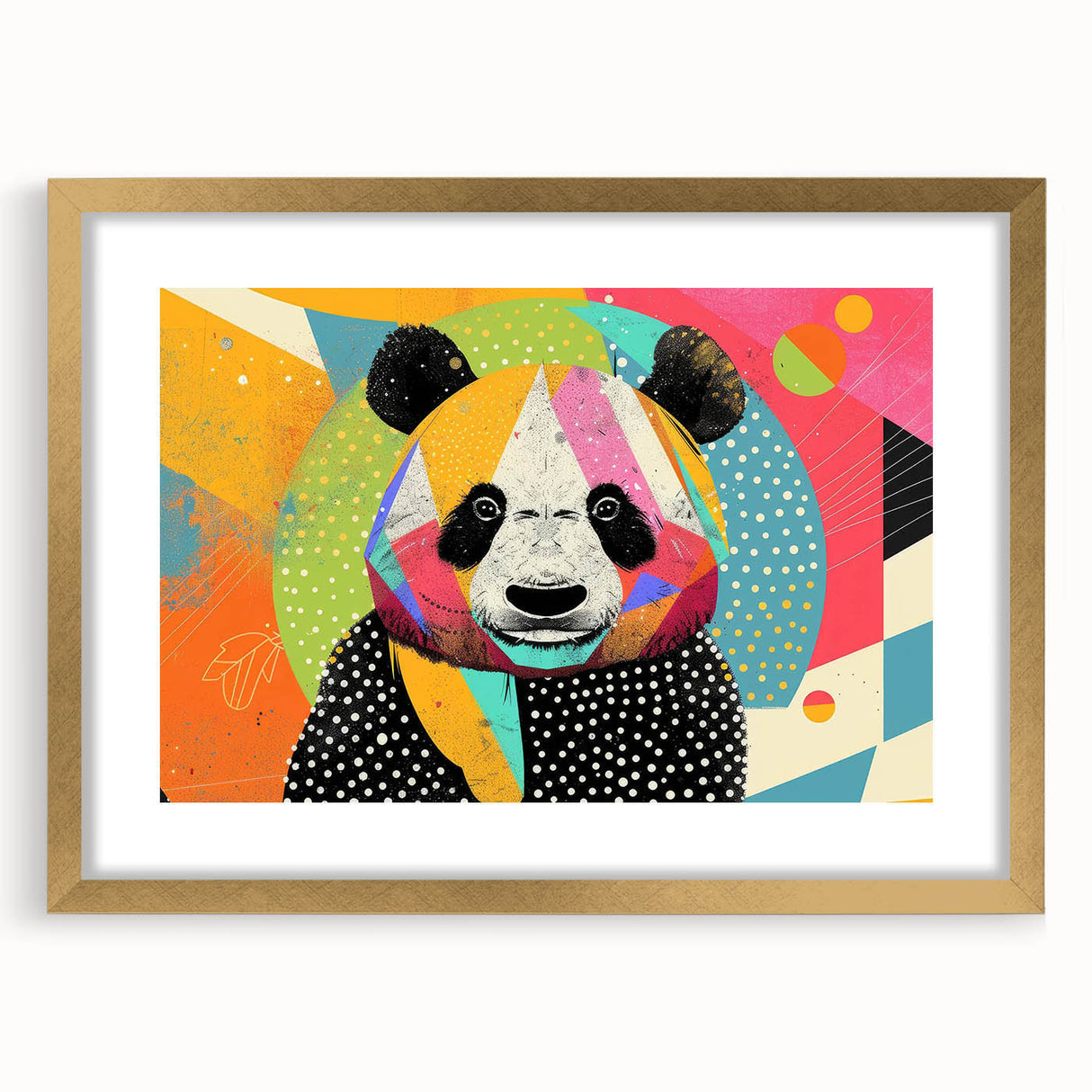 Framed wall art featuring a whimsical panda bear design with a gold mat, set against a neutral background, perfect for children's rooms or playful decor.