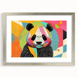 Panda bear wall art design framed in silver, featuring vibrant colors and playful imagery, perfect for children's rooms or nursery decor.