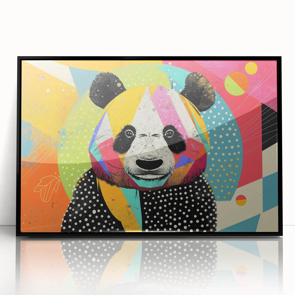 Framed black acrylic wall art featuring a whimsical panda bear design, ideal for children's room decor, showcasing vibrant colors and playful elements.