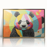 Framed wall art featuring a whimsical bear and panda design in vibrant colors, set against a gold-acrylic background, perfect for children's room decor.