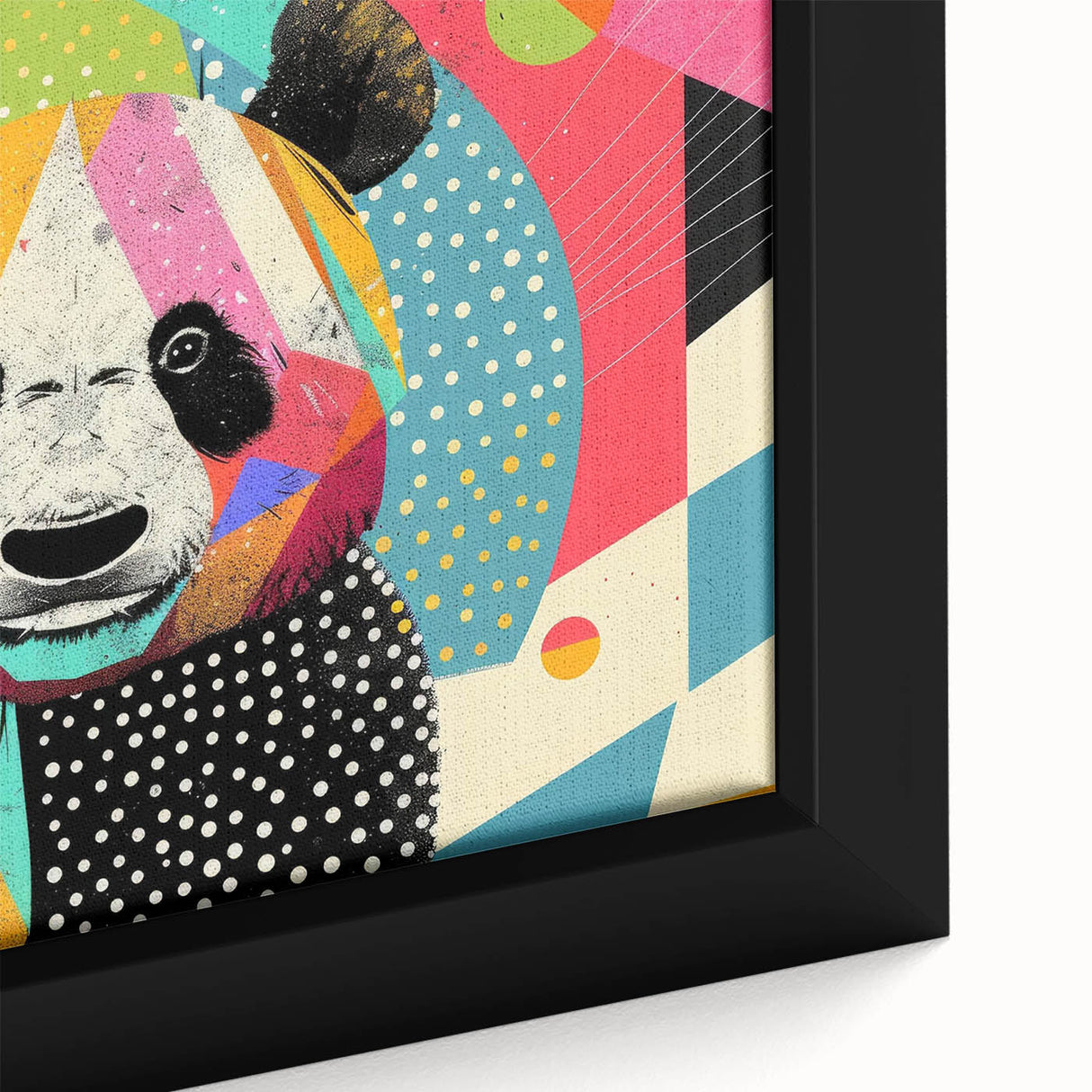 Close-up of a framed panda bear wall art design on canvas, showcasing vibrant colors and detailed textures, perfect for children's room decor or animal lovers.