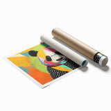 Rolled print showcasing a whimsical panda bear design in vibrant colors, perfect for children's room decor, elegantly packaged in a protective tube for easy display.