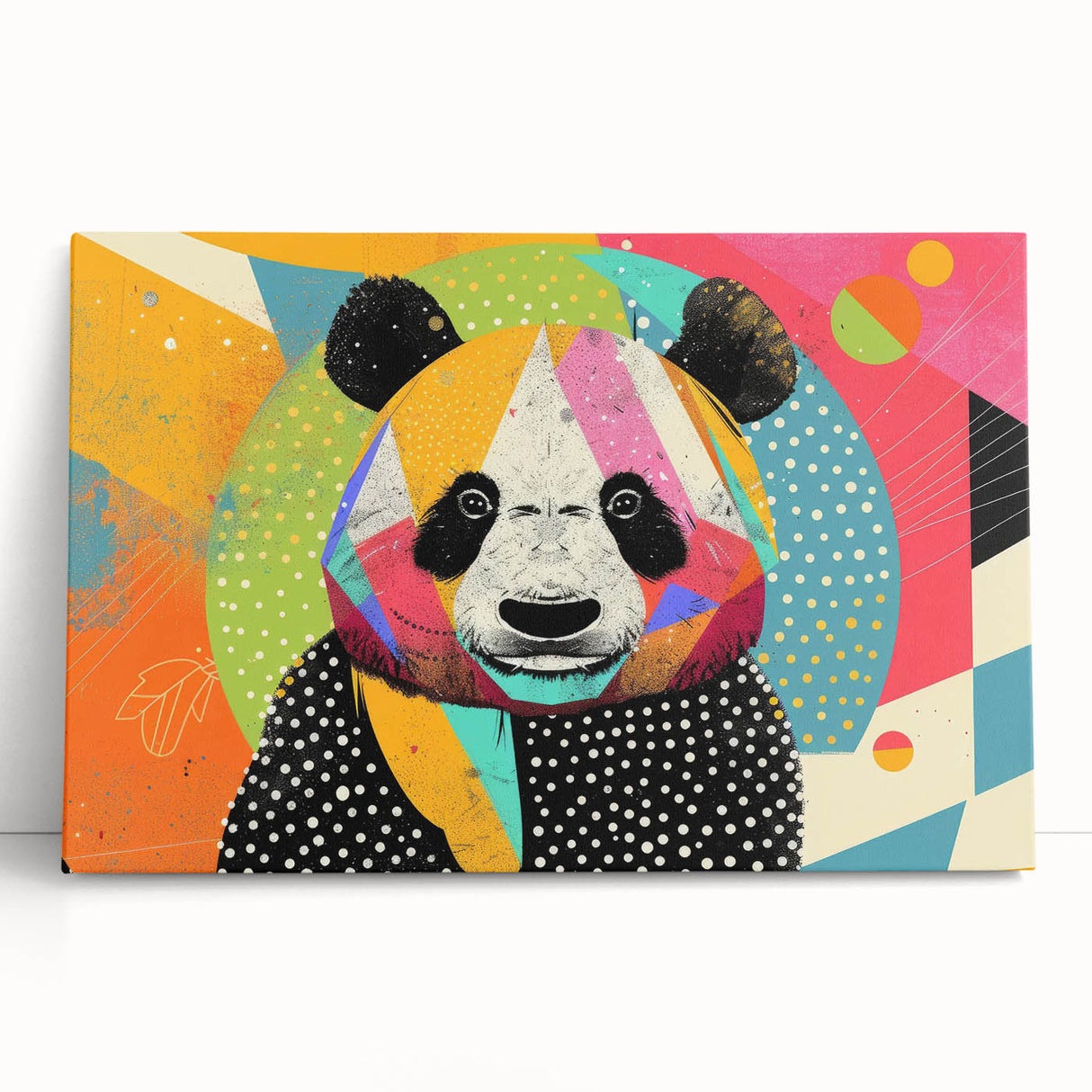 Stretched canvas wall art featuring a whimsical panda design in vibrant colors, leaning against a wall, perfect for children's room decor.