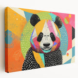 Stretched canvas wall art showcasing a playful panda bear design in vibrant colors, ideal for children's room decor or playful spaces. Perfect for adding a whimsical touch to any interior.