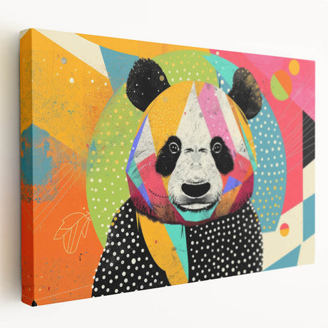 Stretched canvas wall art showcasing a playful panda bear design in vibrant colors, ideal for children's room decor or playful spaces. Perfect for adding a whimsical touch to any interior.