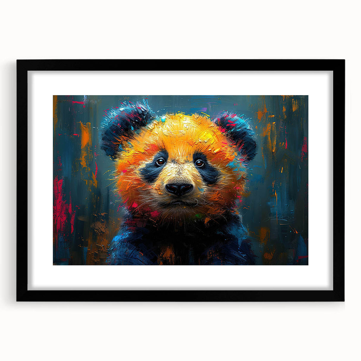 Framed wall art of a panda bear design, showcasing a playful panda against a black background, perfect for children's rooms or animal lovers' decor.