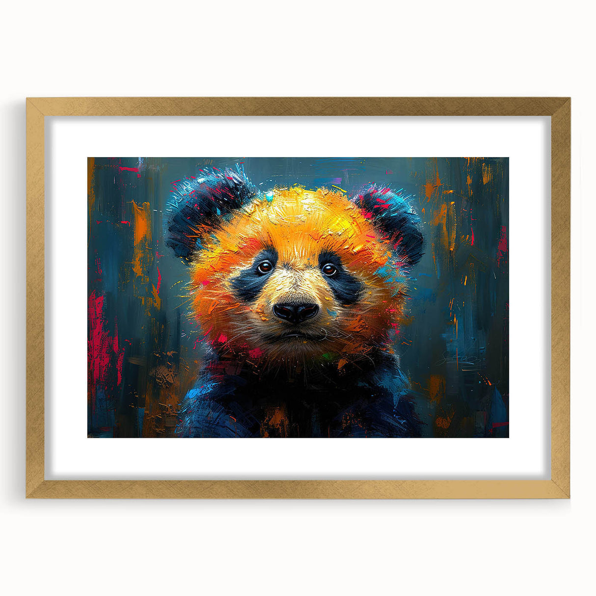 Panda bear-themed wall art collection framed in gold with a mat, showcasing a playful design perfect for children's rooms or nursery decor.