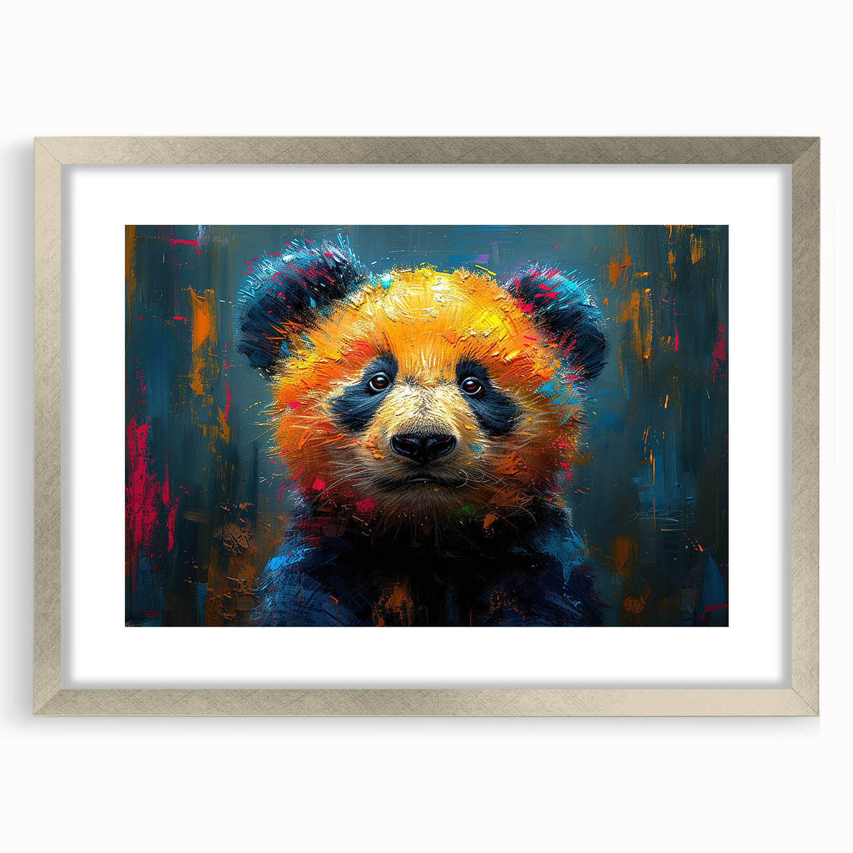 Framed wall art featuring a whimsical panda bear design, elegantly matted and presented in a sleek silver frame, perfect for children's room decor or playful art collections.