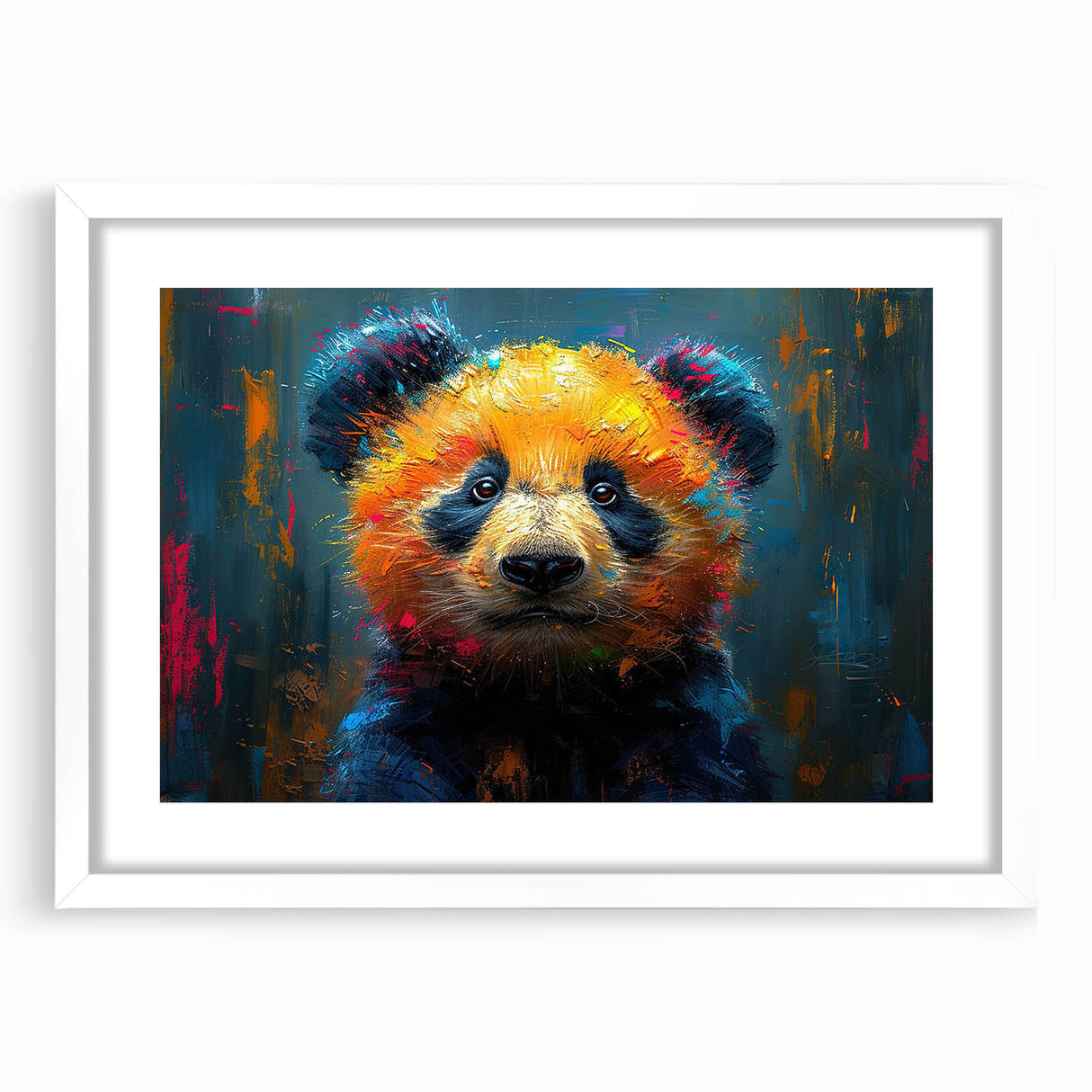 Framed wall art collection featuring a cute panda bear design, set in a white frame with a mat, ideal for children's room decor or playful spaces.