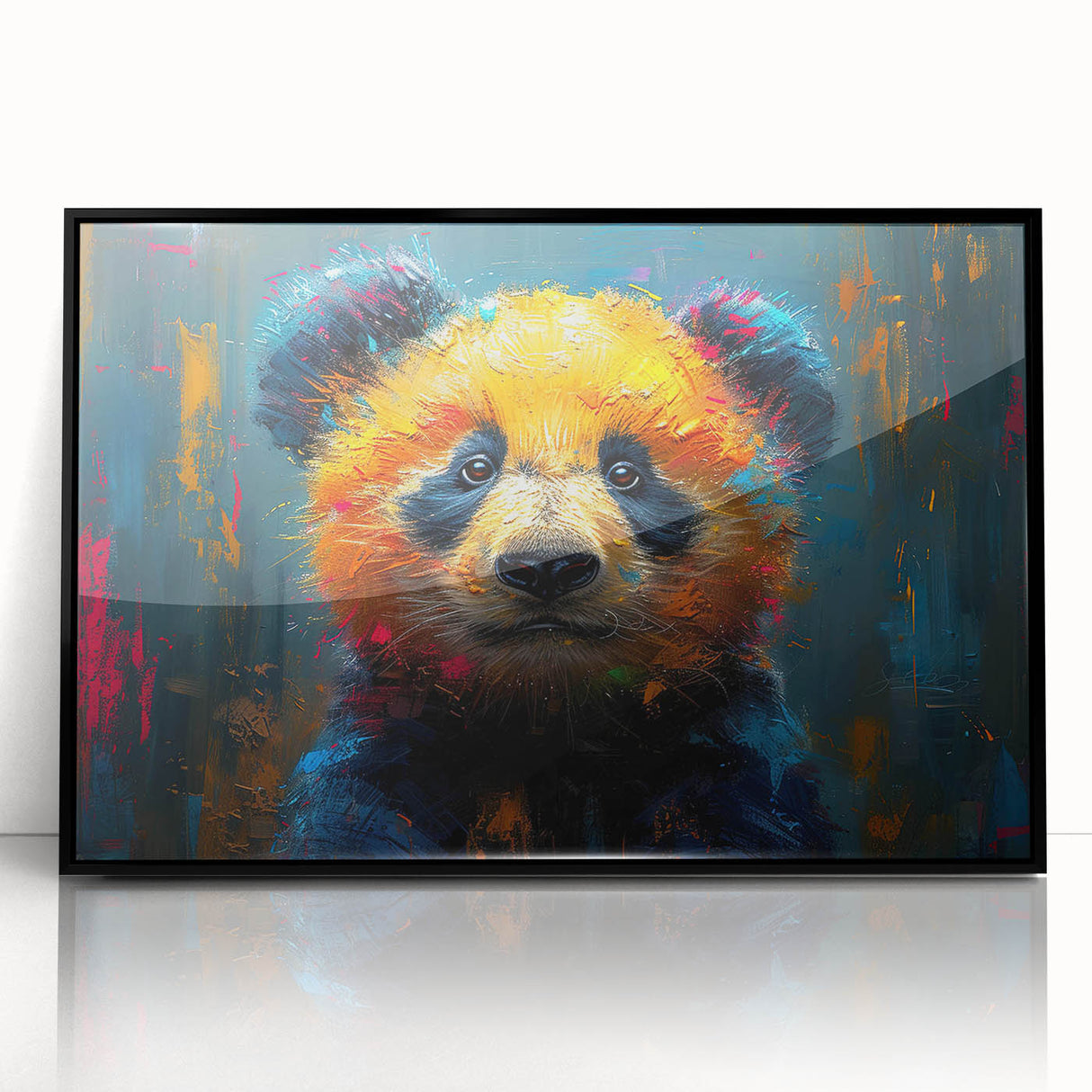 Framed acrylic wall art showcasing a playful panda bear design in a black frame, perfect for adding a whimsical touch to children's rooms or playful decor.