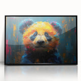 Framed acrylic wall art showcasing a playful panda bear design in a black frame, perfect for adding a whimsical touch to children's rooms or playful decor.