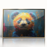 Framed wall art featuring a whimsical panda bear design with gold accents, ideal for children's rooms or playful decor, showcasing vibrant colors and a sleek acrylic finish.