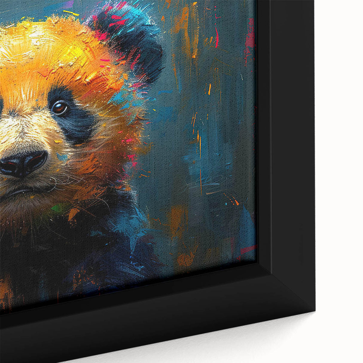 Framed close-up of a panda bear wall art design on canvas, showcasing vibrant colors and intricate details, perfect for children's room decor or wildlife enthusiasts.