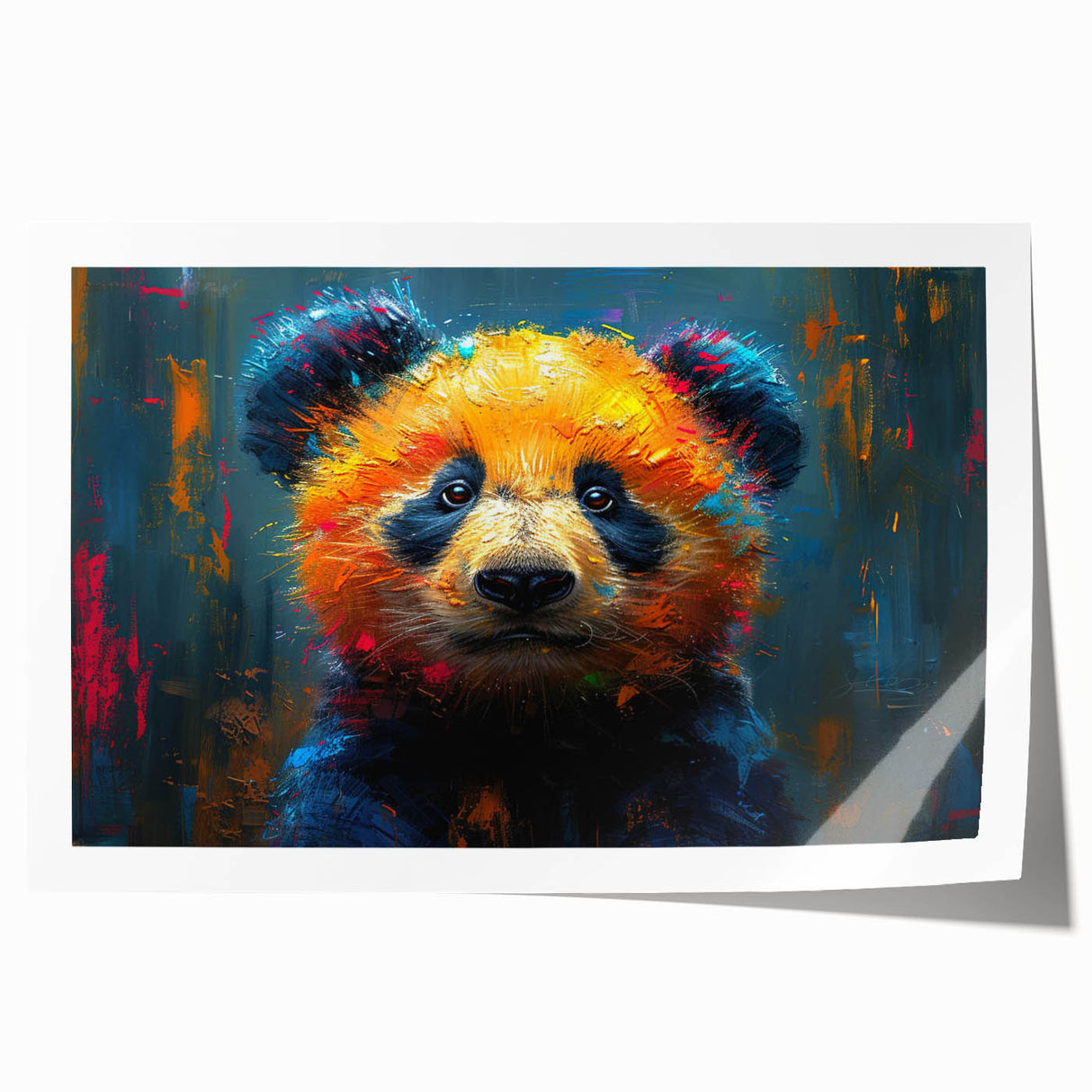 Rolled print of a whimsical panda bear design, featuring vibrant colors and playful elements, ideal for children's room decor or animal-themed spaces.
