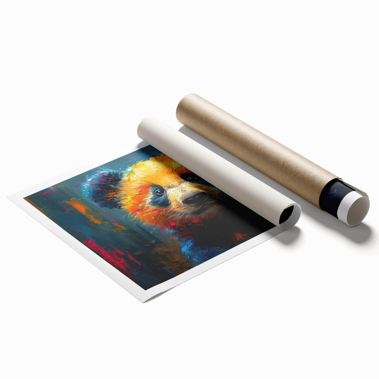 Panda bear wall art design showcasing a playful panda against a vibrant, colorful background, rolled for easy display and storage, perfect for children's decor.