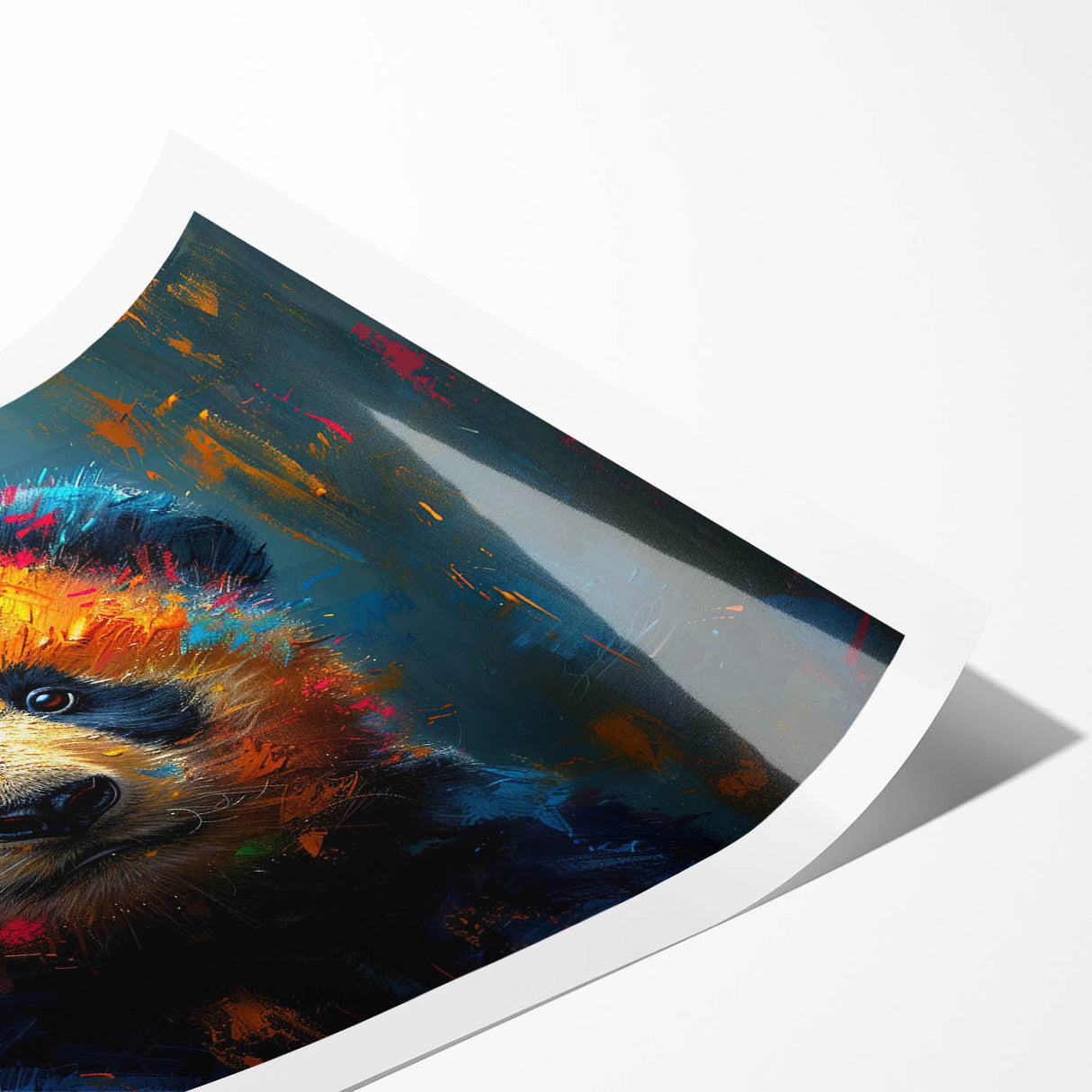 Panda-themed wall art featuring a playful bear design, printed on high-quality paper and rolled for convenient shipping. Ideal for children's rooms or playful decor.