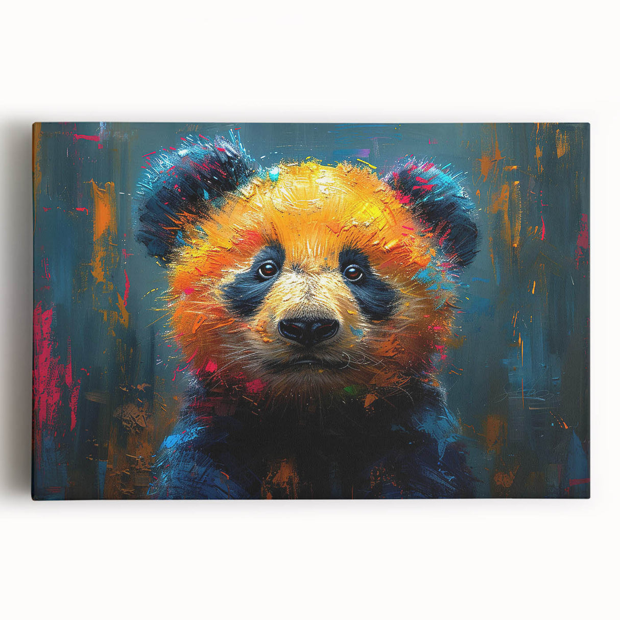 Colorful panda bear wall art on stretched canvas, showcasing a playful design ideal for children's rooms or nurseries, highlighting vibrant colors and charming details.
