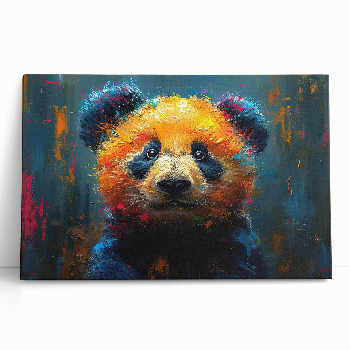 Panda bear wall art design on stretched canvas, featuring vibrant colors and playful imagery, ideal for children's rooms or nursery decor, showcased leaning against a neutral background.