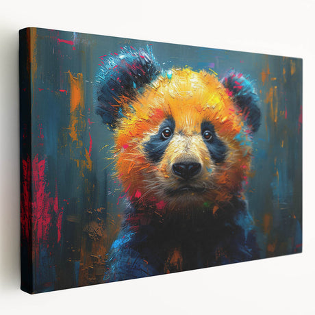 Stretched canvas wall art featuring a playful panda bear design, showcasing vibrant colors and a whimsical style, perfect for children's room decor.