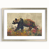 Silver-framed panda bear wall art featuring a playful design, ideal for children's rooms or nursery decor, accented with a white mat for a stylish finish.