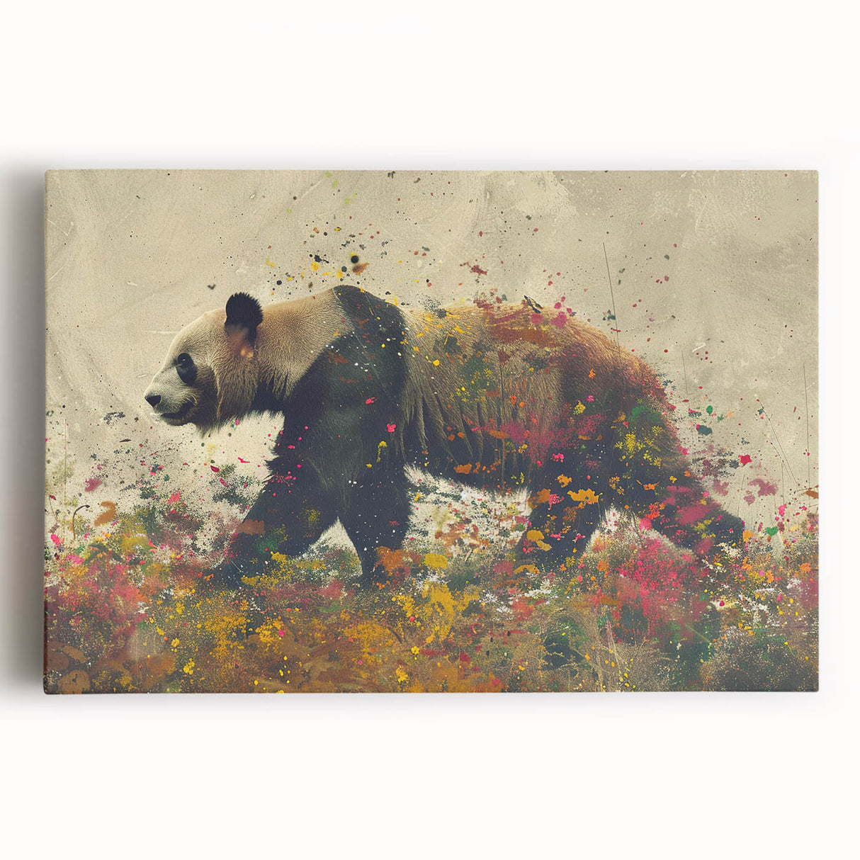 Panda bear wall art canvas print showcasing a playful panda surrounded by bamboo, featuring vibrant colors and a modern design, perfect for home decor.