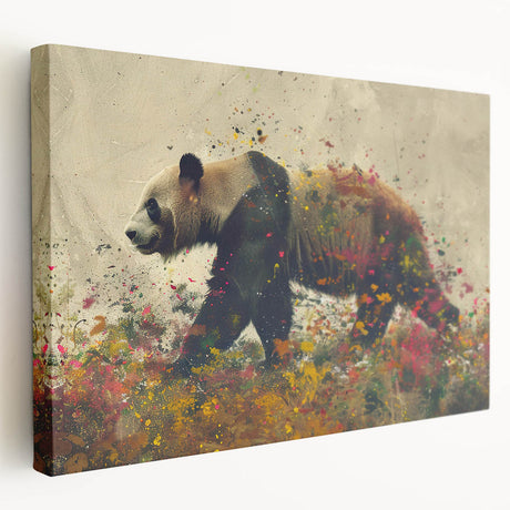 Stretched canvas wall art showcasing a playful panda bear design in vibrant colors, perfect for children's rooms or playful decor, viewed from the side.
