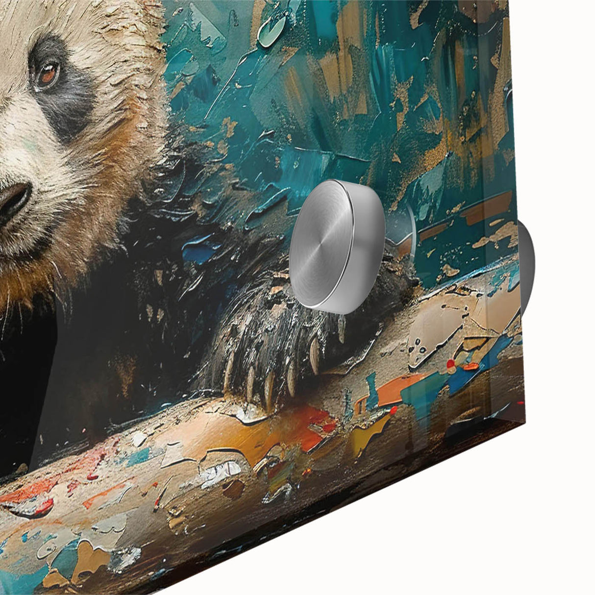 Close-up of a colorful bear panda wall art design on acrylic glass, showcasing intricate details and vibrant colors, ideal for modern home decor.