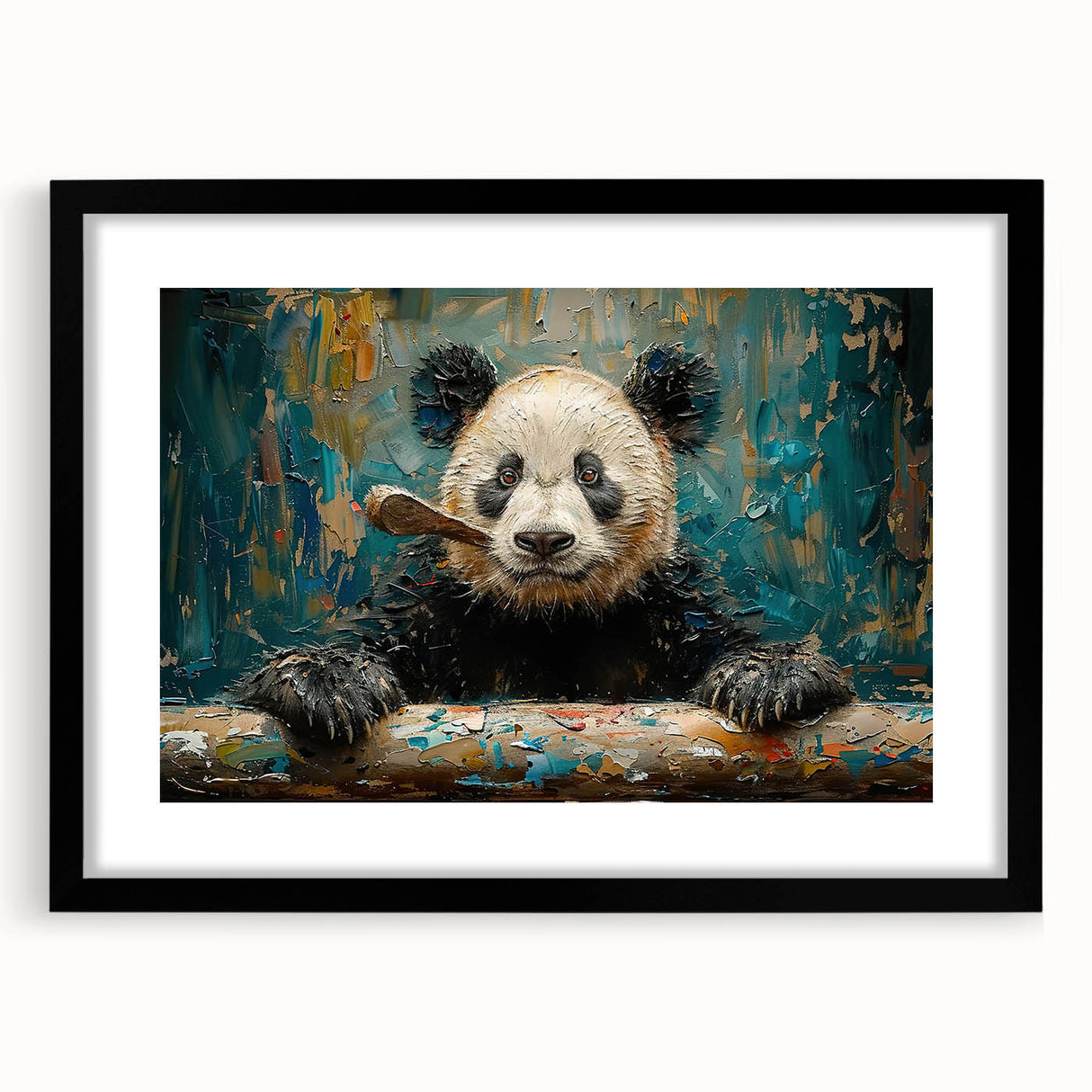 Framed wall art featuring a playful panda bear design in a black frame with a white mat, ideal for children's decor or animal-themed rooms. The colorful artwork brings a whimsical touch to any space.