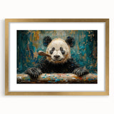 Stylish panda bear wall art in a gold frame with matting, ideal for modern home decor, showcasing playful design and vibrant colors for a cheerful atmosphere.
