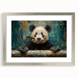 Framed panda bear wall art design in a silver frame with a white mat, showcasing a playful panda illustration against a soft pastel background, ideal for children's rooms.