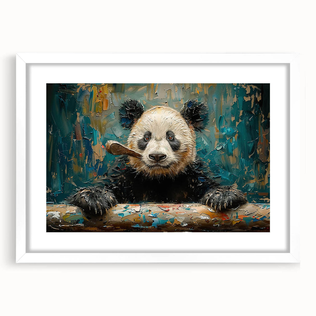 Framed wall art featuring a charming panda bear design, set against a white mat, perfect for children's rooms or playful decor. Ideal for nature and animal lovers.