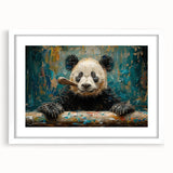 Framed wall art featuring a charming panda bear design, set against a white mat, perfect for children's rooms or playful decor. Ideal for nature and animal lovers.