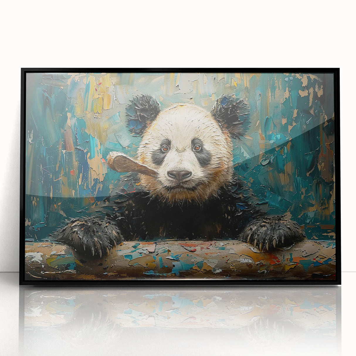 Framed acrylic wall art featuring a playful panda bear design, showcasing vibrant colors and a modern black frame, perfect for children's rooms or playful decor.