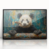 Framed acrylic wall art featuring a playful panda bear design, showcasing vibrant colors and a modern black frame, perfect for children's rooms or playful decor.