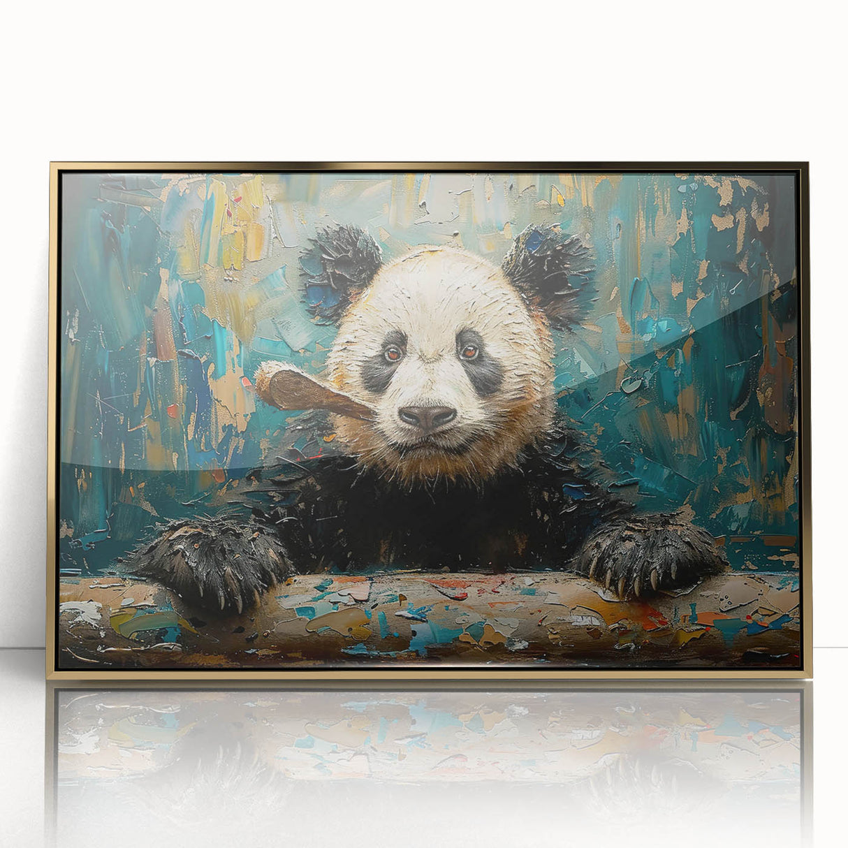 Framed wall art featuring a whimsical panda bear design with a gold-acrylic finish, ideal for children's rooms or playful decor, enhancing vibrant aesthetics.