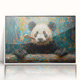 Framed acrylic wall art featuring a playful panda bear design, showcasing vibrant colors and a sleek white frame, perfect for children's room decor.
