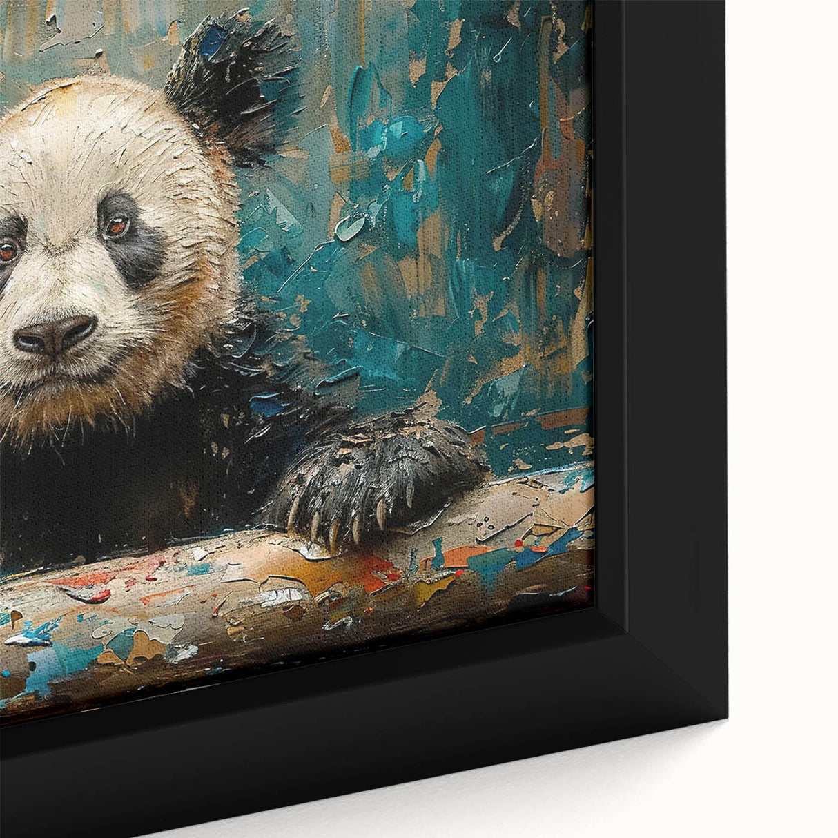 Close-up of a framed panda bear wall art design on canvas, showcasing vibrant colors and intricate details, perfect for nursery or children's room decor.