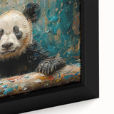 Close-up of a framed panda bear wall art design on canvas, showcasing vibrant colors and intricate details, perfect for nursery or children's room decor.