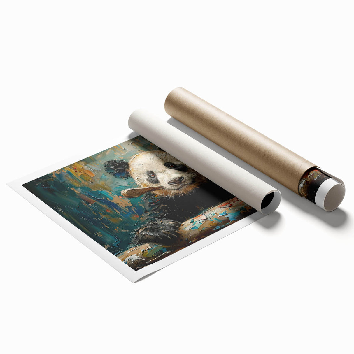 Colorful panda bear wall art print featuring a playful design on a rolled canvas, showcasing vibrant colors and intricate details, perfect for children's rooms or wildlife-themed decor.