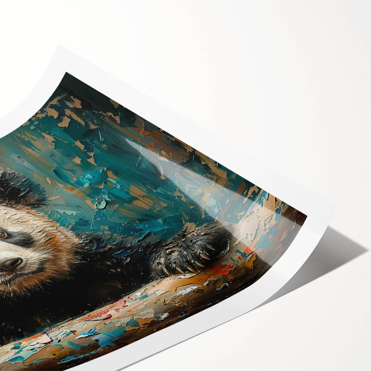 Rolled print of a whimsical panda bear design featuring vibrant colors and playful elements, ideal for children's room decor or playful art collections.