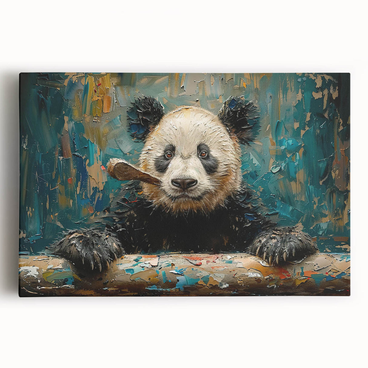 Stretched canvas wall art featuring a playful panda bear design in vibrant colors, perfect for children's rooms or nursery decor, showcasing whimsical details.