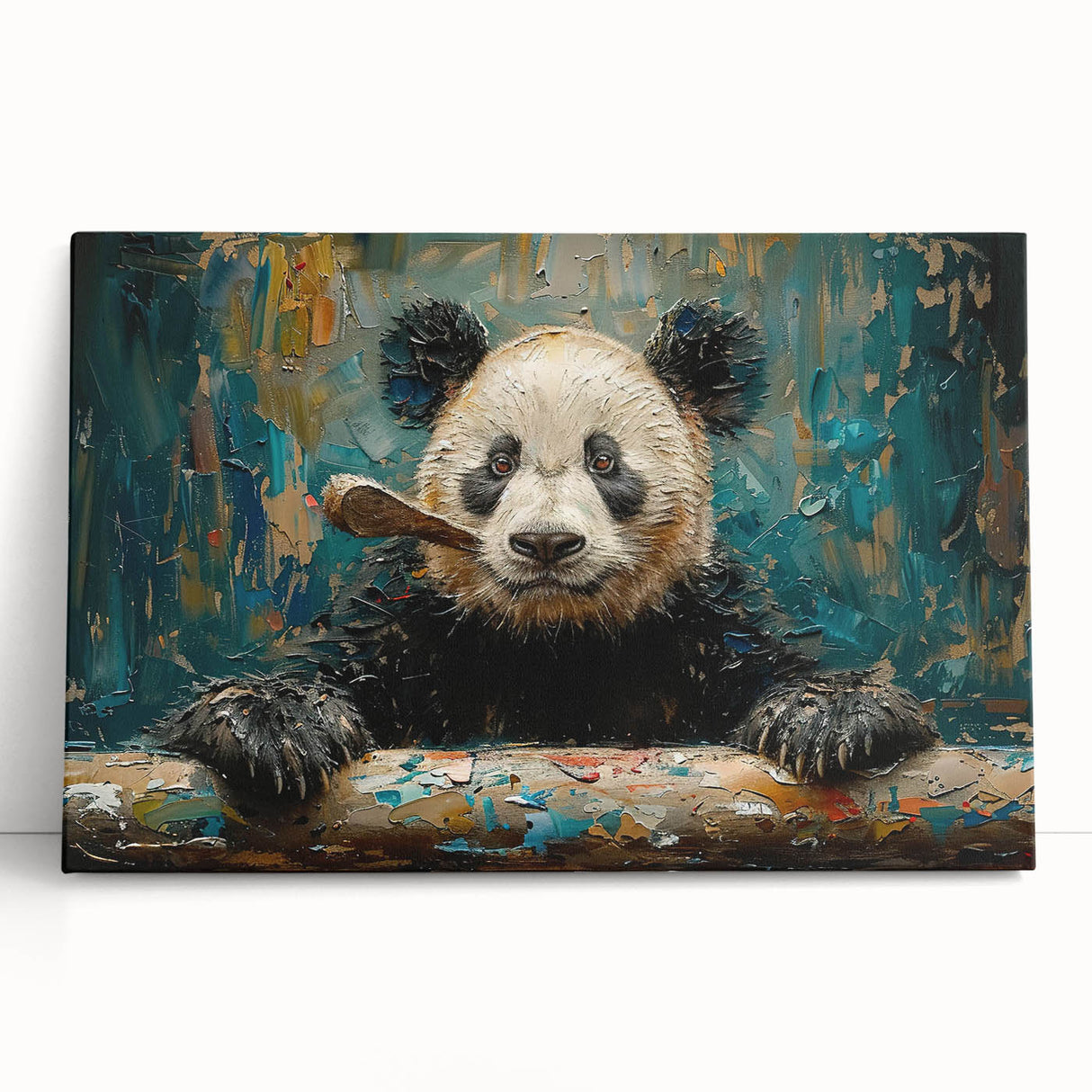 Stretched canvas wall art showcasing a playful panda bear design, perfect for children's rooms. The vibrant colors and whimsical style create a cheerful atmosphere.
